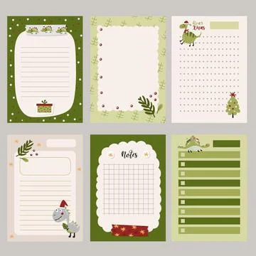 Collection of sheets for notes, for planners with Christmas dinosaurs Stock Illustration