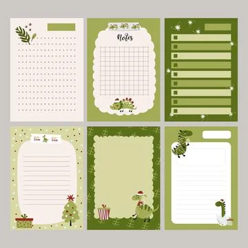 Collection of sheets for notes, for planners with Christmas dinosaurs Illustrazione stock