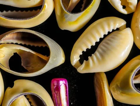 A collection of shells with one of them having a pink and purple design Stock Photos