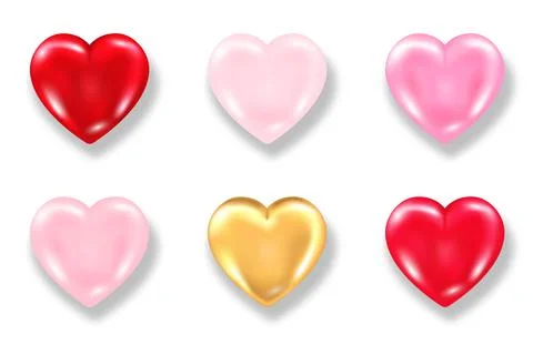 Collection of shiny 3d hearts with shadow isolated on white background Stock Illustration