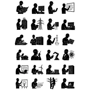 Collection of Silhouette Illustrations of Electrical Engineers Working in I.. Stock Illustration