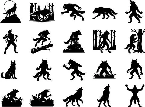 Collection of Silhouette Illustrations Featuring Werewolf and Wolf Action Pos Stock Illustration