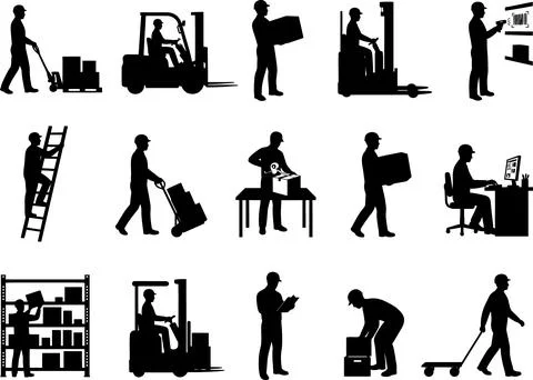 Collection of Silhouette Illustrations of Warehouse Workers in Daily Logist.. Stock Illustration
