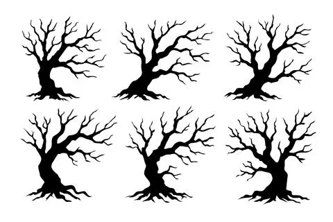 Collection of Silhouettes of Spooky Bare Trees for Halloween Decorations Stock Illustration