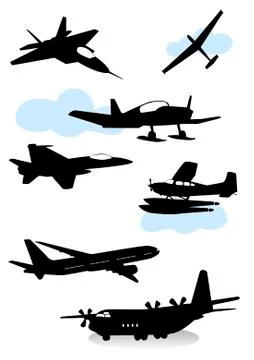 Collection of silhouettes of various planes Stock Illustration