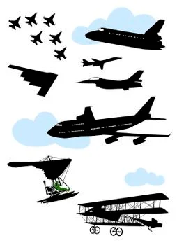 Collection of silhouettes of various planes Stock Illustration