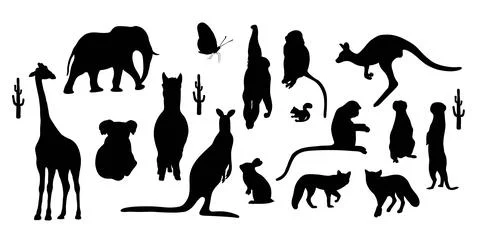 Collection silhouettes wild animals. Vector illustration. Isolated hand dra.. Stock Illustration