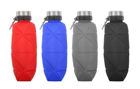 Collection of silicone foldable drinking bottles isolated on white background Stock Photos