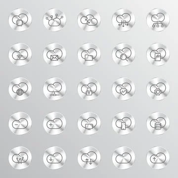 A collection of silver metallic circular buttons Stock Illustration