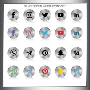 Collection of Silver social media button icons set Stock Illustration