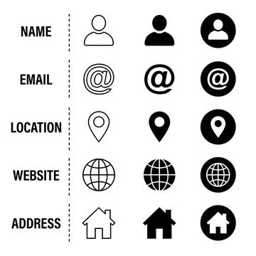 Collection of simple black and white icons representing contact information.. Stock Illustration
