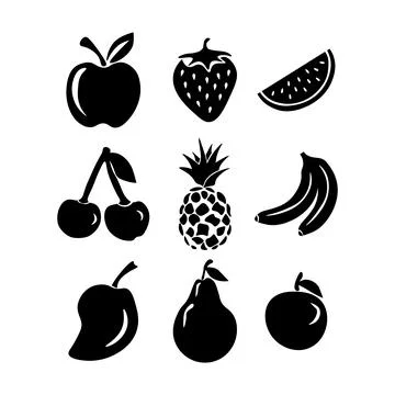 Collection of simple black fruit silhouettes on white background Stock Illustration