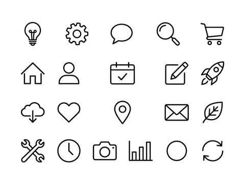 Collection of simple black line art icons for web and app design, including.. 스톡 일러스트
