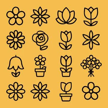 Collection of Simple Black Line Flower Icons on Yellow Illustrazione stock