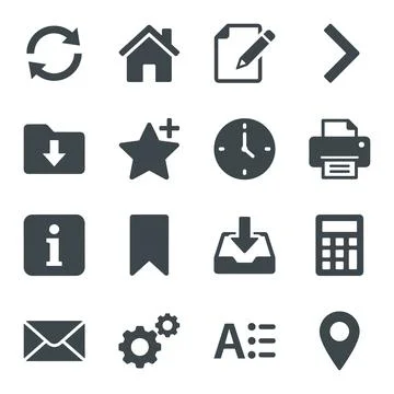 Collection of simple dark gray flat icons representing common digital inter.. Иллюстрация