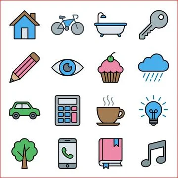 Collection of Simple Flat Icons Representing Everyday Objects and Concepts. Ilustração Stock