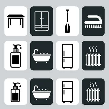 Collection of simple flat icons representing household objects like a table.. Ilustração Stock