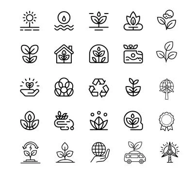 Collection of simple, hand-drawn line art icons representing Ecology Stock Illustration