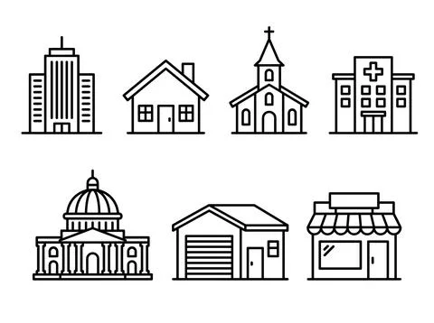 Collection of simple line art building icons including a skyscraper, house,.. Stock Illustration