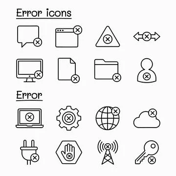 Collection of simple line art error icons representing various system and u.. Stock Illustration