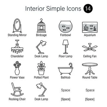 Collection of simple line art interior design icons including standing mirr.. Stockillustratie