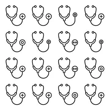 Collection of simple line art stethoscope icons with various symbols like p.. Stock Illustration