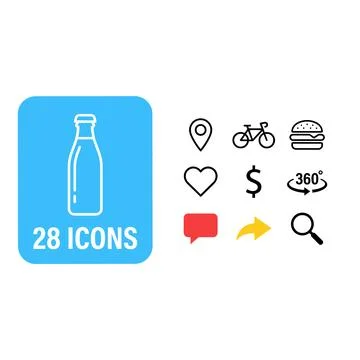 Collection of simple line icons including a bottle, location pin, bicycle, .. Stock Illustration