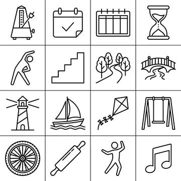 Collection of Simple Line Icons Representing Various Concepts and Activities. Stock Illustration