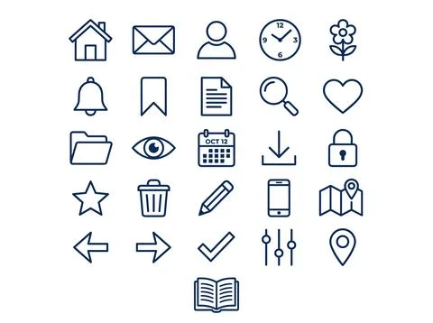 Collection of simple outline icons representing common digital interface el.. Stock Illustration