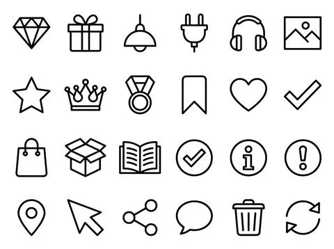 Collection of simple outline icons representing common symbols like diamond.. Illustrazione stock