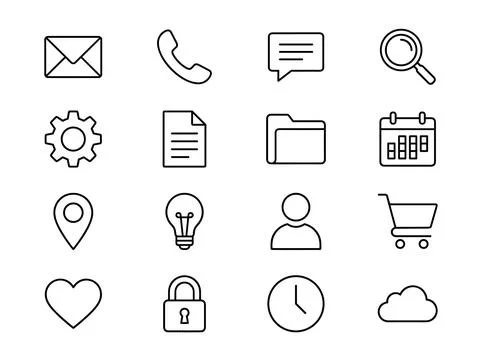 Collection of simple outline icons representing communication, settings, do.. Stock Illustration