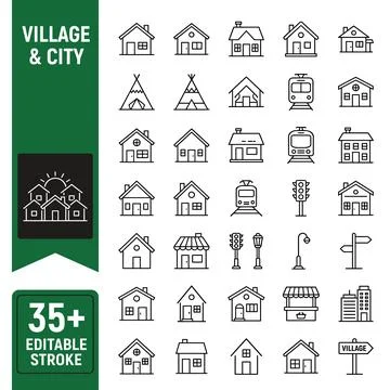 Collection of simple outline icons representing houses, trains, traffic lig.. Stock Illustration