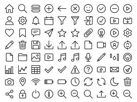 Collection of simple outline icons for user interface design, representing .. Stock Illustration