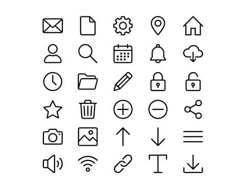 Collection of simple outline icons for web and app interface design, includ.. Stock Illustration