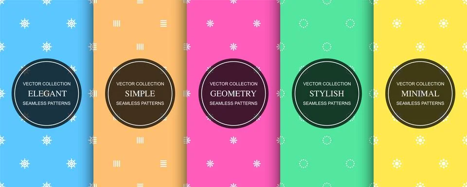 Collection of simple seamless colorful patterns. Bright minimalistic backgrounds Illustrazione stock