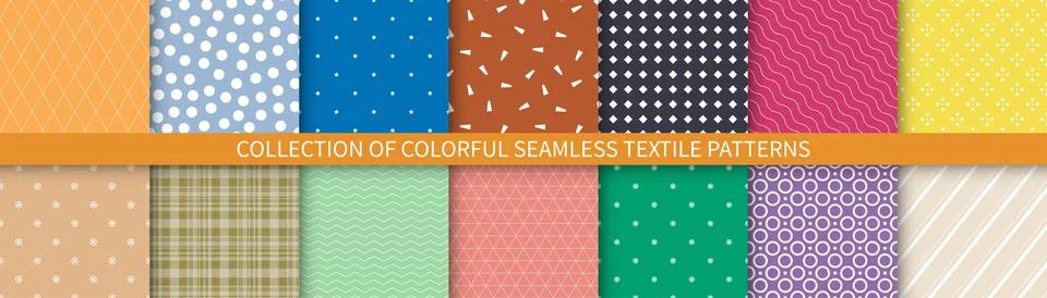 Collection of simple seamless textile patterns. Colorful minimalistic 库存插图