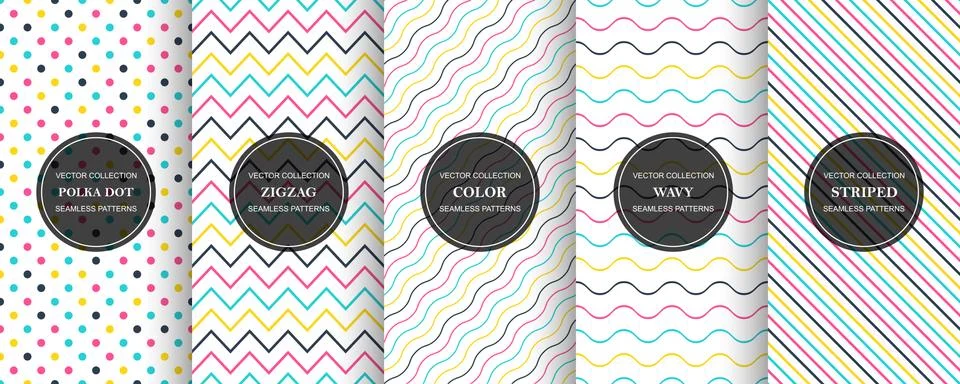 Collection of simple seamless vibrant patterns. Colorful repeatable fashion 库存插图