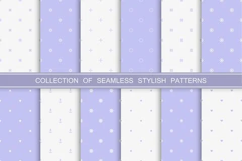 Collection of simple seamless white and purple geometric patterns.  Stock Illustration
