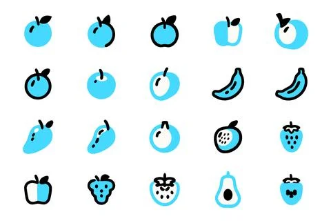A collection of simple, stylized fruit icons in light blue with black outlines. Stock Illustration