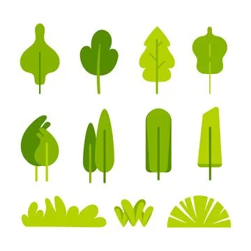 Collection of simple stylized green trees and bushes, perfect for representing イラスト素材