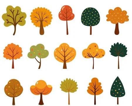 Collection of simple trees of different shapes and colors. Stock Illustration