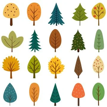 Collection of simple trees of different shapes and colors. Stock Illustration