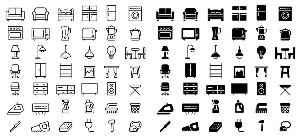 Collection of Simplistic Black Icons Representing Home Appliances and Furnitu Stock Illustration