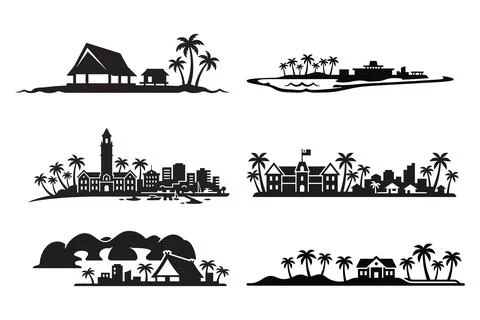 Collection of six black and white tropical cityscapes and resort silhouettes Stock Illustration