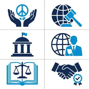 Collection of six blue and navy icons representing law, justice, peace, and.. Stock Illustration
