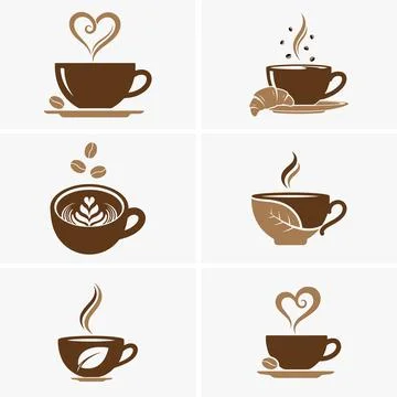 Collection of six brown stylized coffee and tea cups showing different concep Stock Illustration