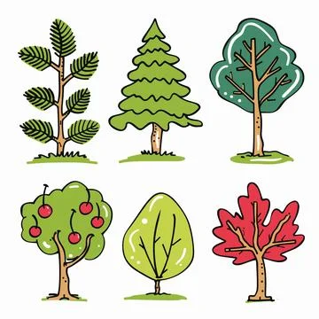 Collection six cartoon trees featuring distinct styles leaf patterns, vibrant Stock Illustration