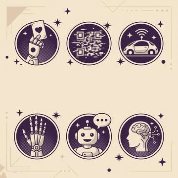 Collection of six circular icons representing artificial intelligence and t.. Stock Illustration