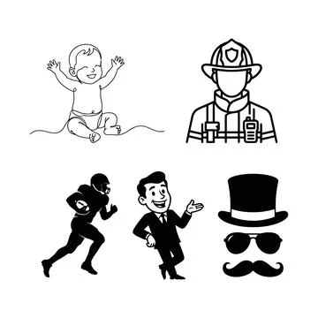 Collection of six diverse graphic illustrations representing different prof.. Stock Illustration