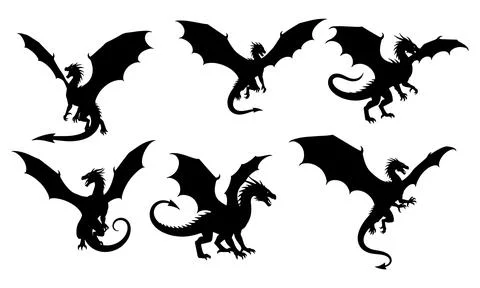 Collection of six dragon silhouettes with different poses and wing positions Illustrazione stock
